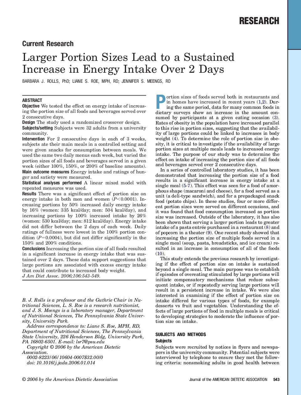 عکس صفحه اول مقاله: Larger Portion Sizes Lead to a Sustained Increase in Energy Intake Over 2 Days Larger Portion Sizes Lead to a Sustained Increase in Energy Intake Over 2 Days