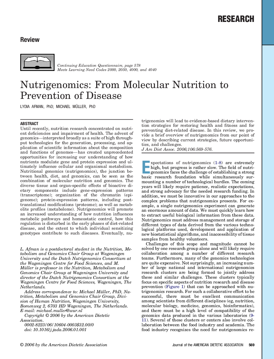 عکس صفحه اول مقاله: Nutrigenomics: From Molecular Nutrition to Prevention of Disease Nutrigenomics: From Molecular Nutrition to Prevention of Disease