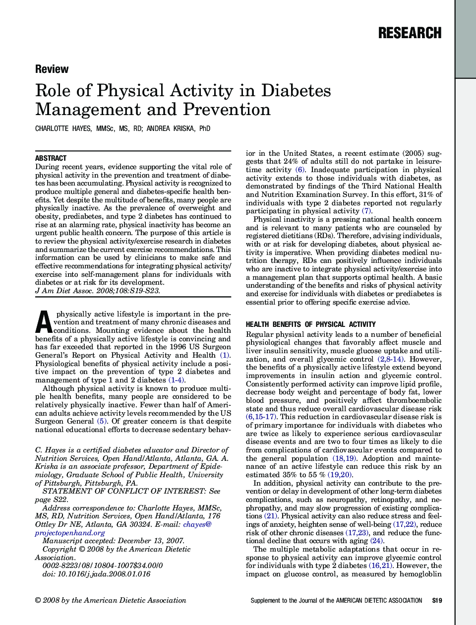 Role of Physical Activity in Diabetes Management and Prevention 
