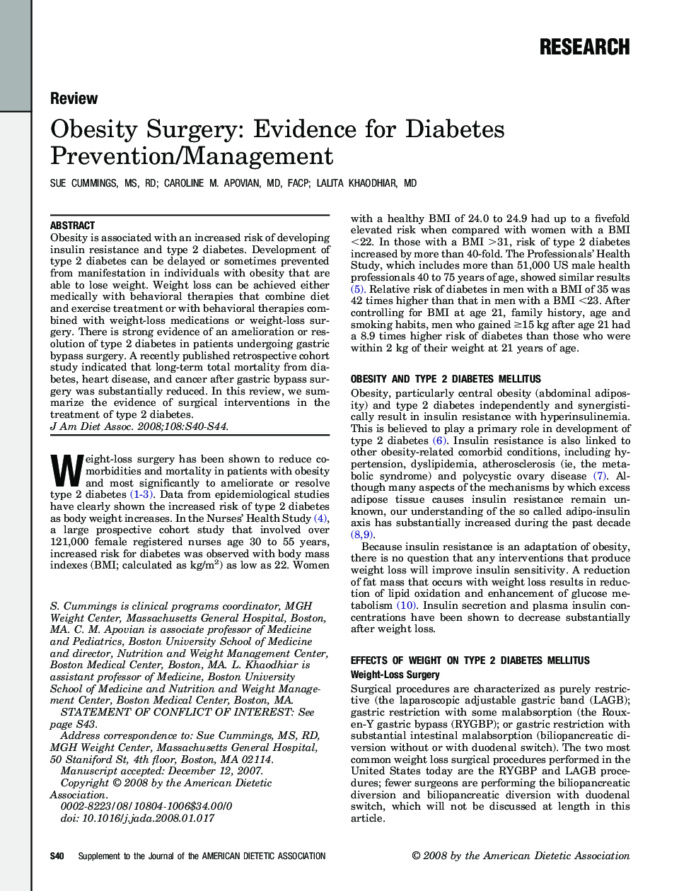 Obesity Surgery: Evidence for Diabetes Prevention/Management 
