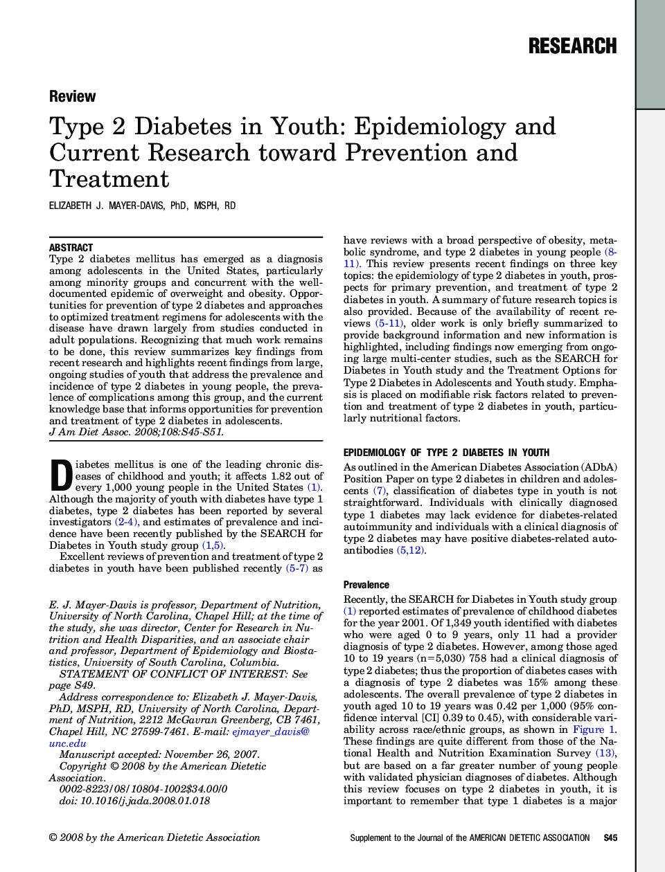 Type 2 Diabetes in Youth: Epidemiology and Current Research toward Prevention and Treatment 