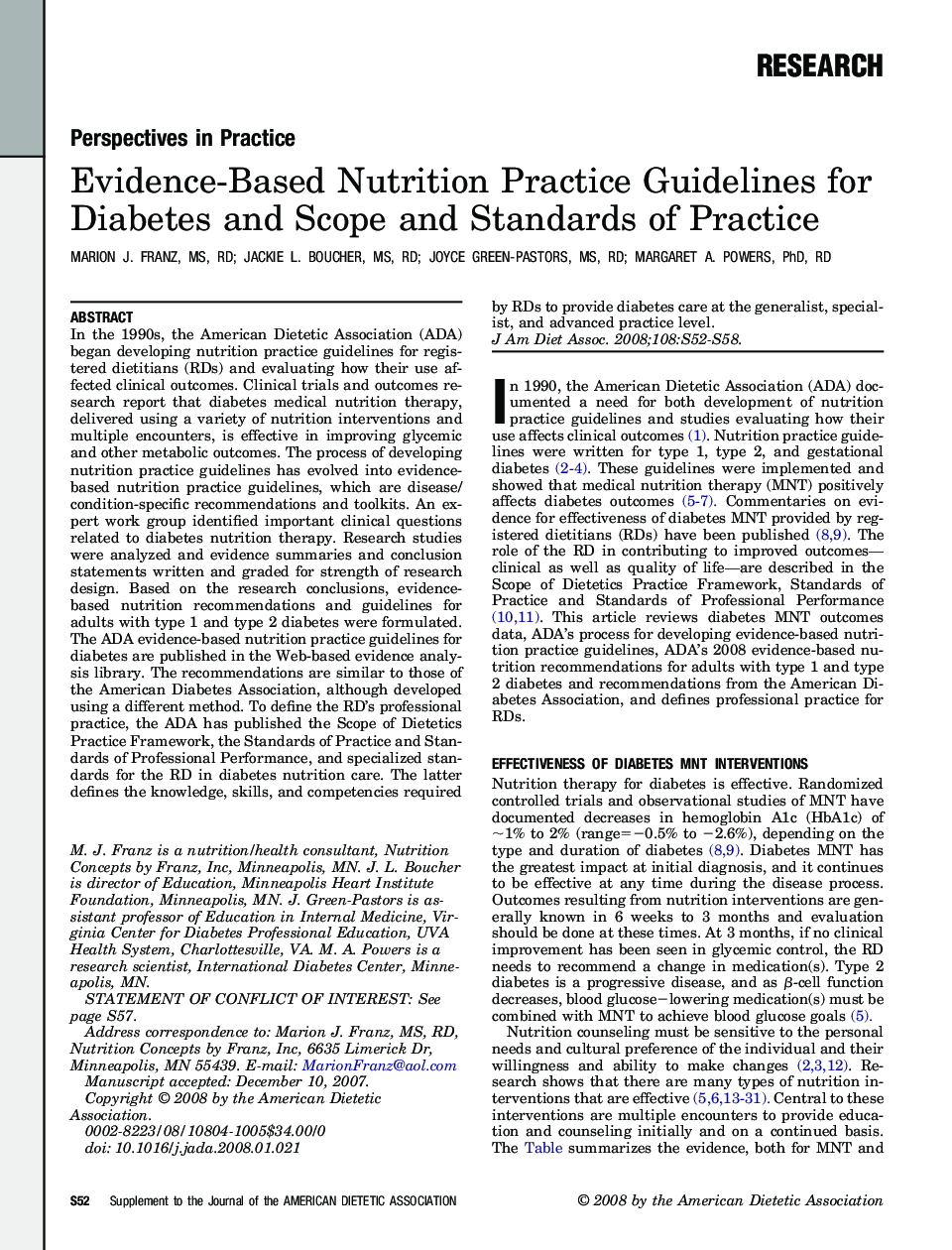 Evidence-Based Nutrition Practice Guidelines for Diabetes and Scope and Standards of Practice 