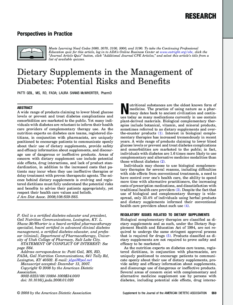 Dietary Supplements in the Management of Diabetes: Potential Risks and Benefits 