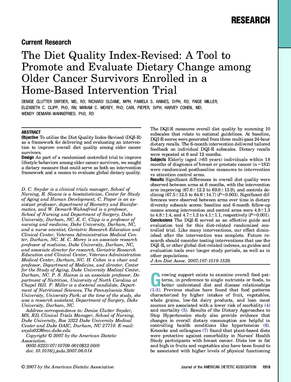 The Diet Quality Index-Revised: A Tool to Promote and Evaluate Dietary Change among Older Cancer Survivors Enrolled in a Home-Based Intervention Trial