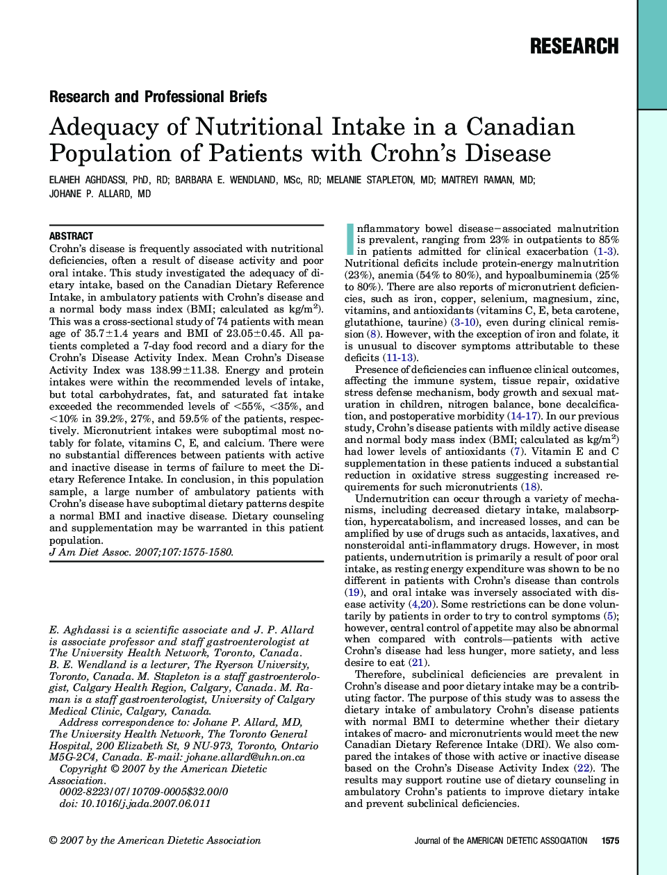 Adequacy of Nutritional Intake in a Canadian Population of Patients with Crohn’s Disease