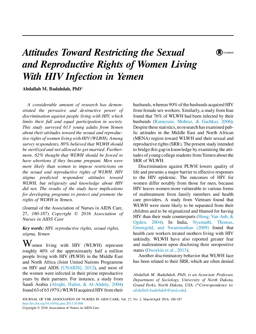 Attitudes Toward Restricting the Sexual and Reproductive Rights of Women Living With HIV Infection in Yemen