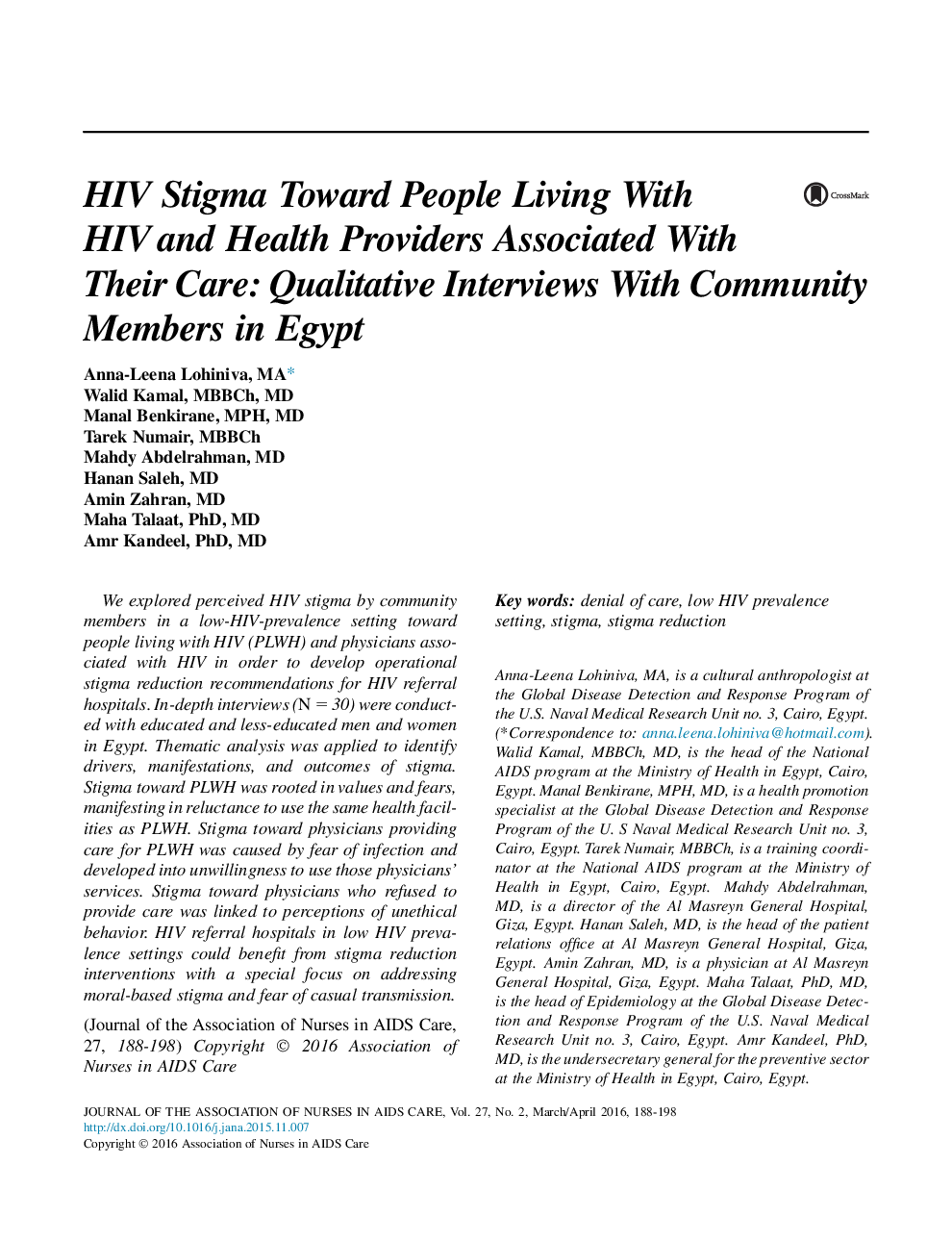 HIV Stigma Toward People Living With HIV and Health Providers Associated With Their Care: Qualitative Interviews With Community Members in Egypt