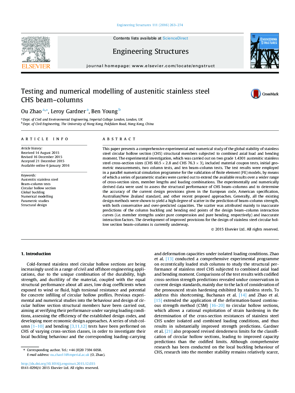 Testing and numerical modelling of austenitic stainless steel CHS beam–columns