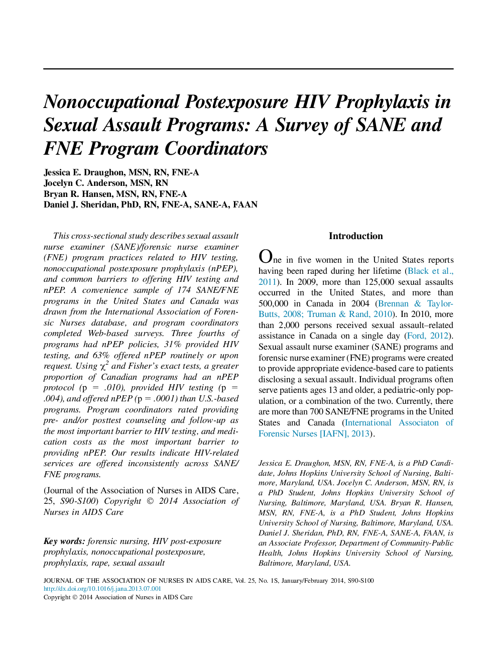 Nonoccupational Postexposure HIV Prophylaxis in Sexual Assault Programs: A Survey of SANE and FNE Program Coordinators