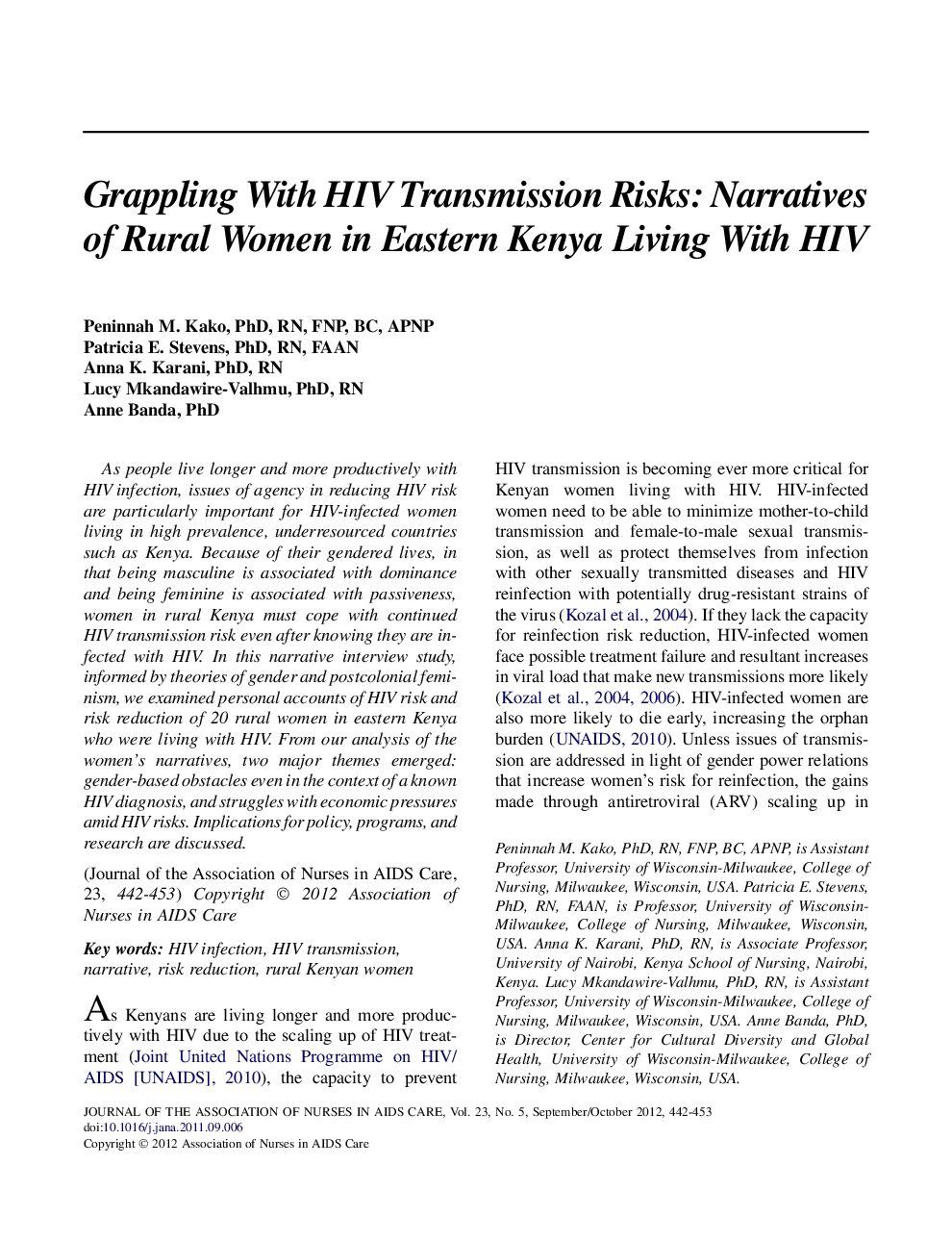 Grappling With HIV Transmission Risks: Narratives of Rural Women in Eastern Kenya Living With HIV