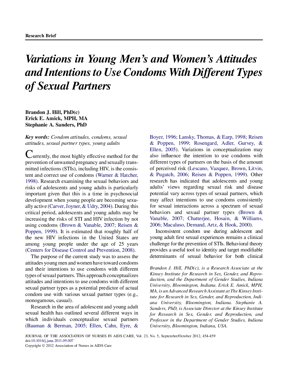 Variations in Young Men's and Women's Attitudes and Intentions to Use Condoms With Different Types of Sexual Partners