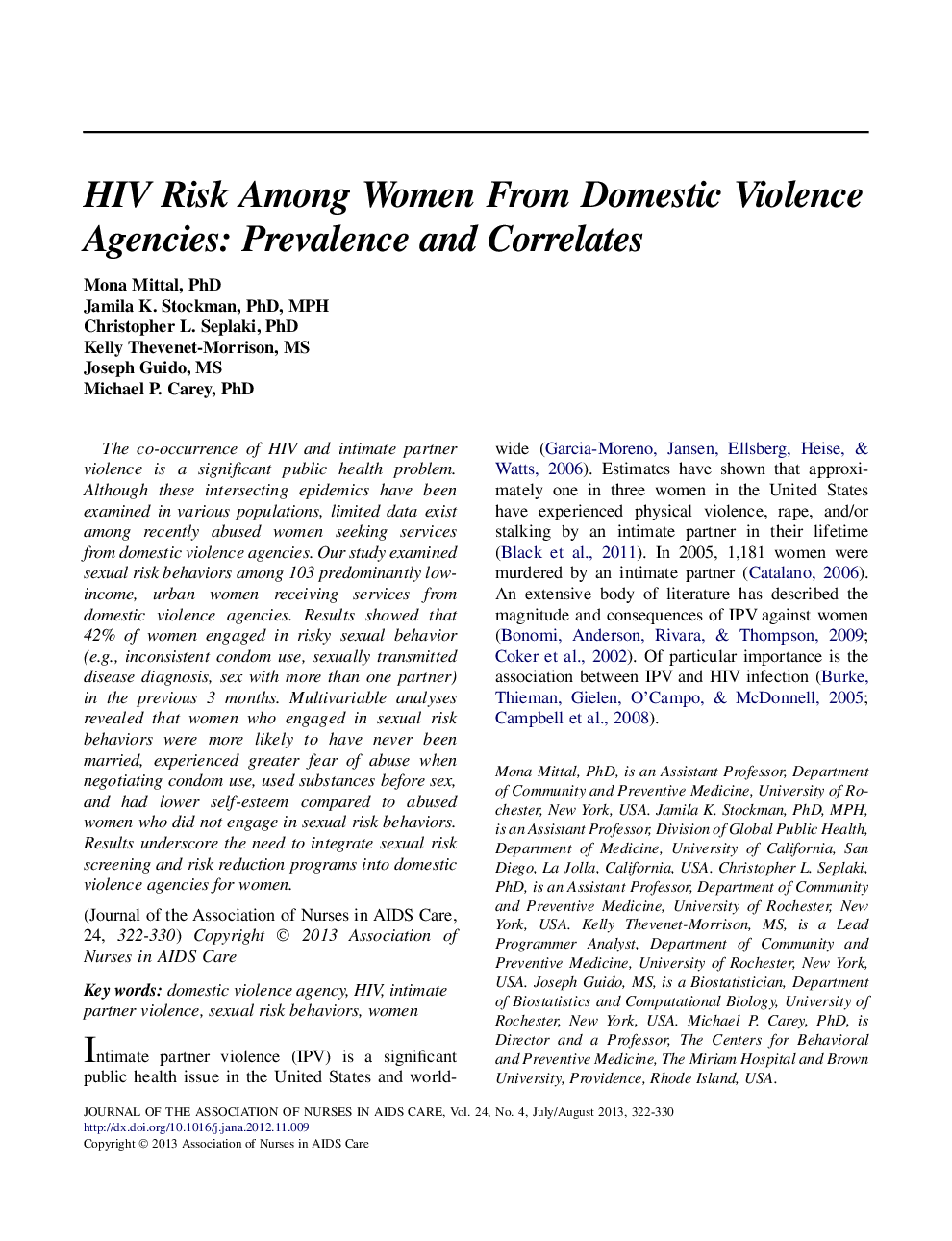 HIV Risk Among Women From Domestic Violence Agencies: Prevalence and Correlates