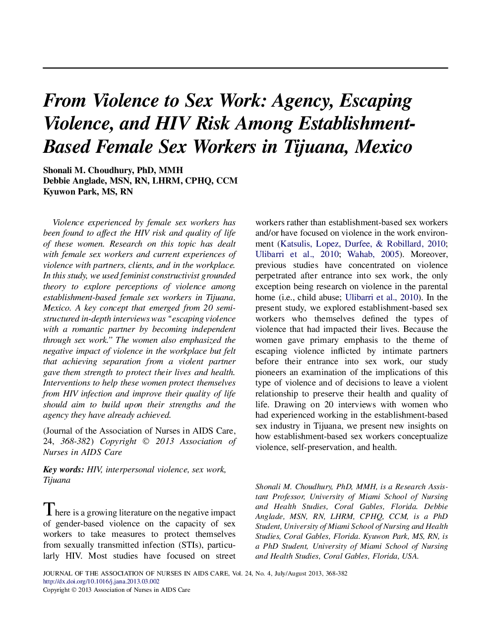 From Violence to Sex Work: Agency, Escaping Violence, and HIV Risk Among Establishment-Based Female Sex Workers in Tijuana, Mexico