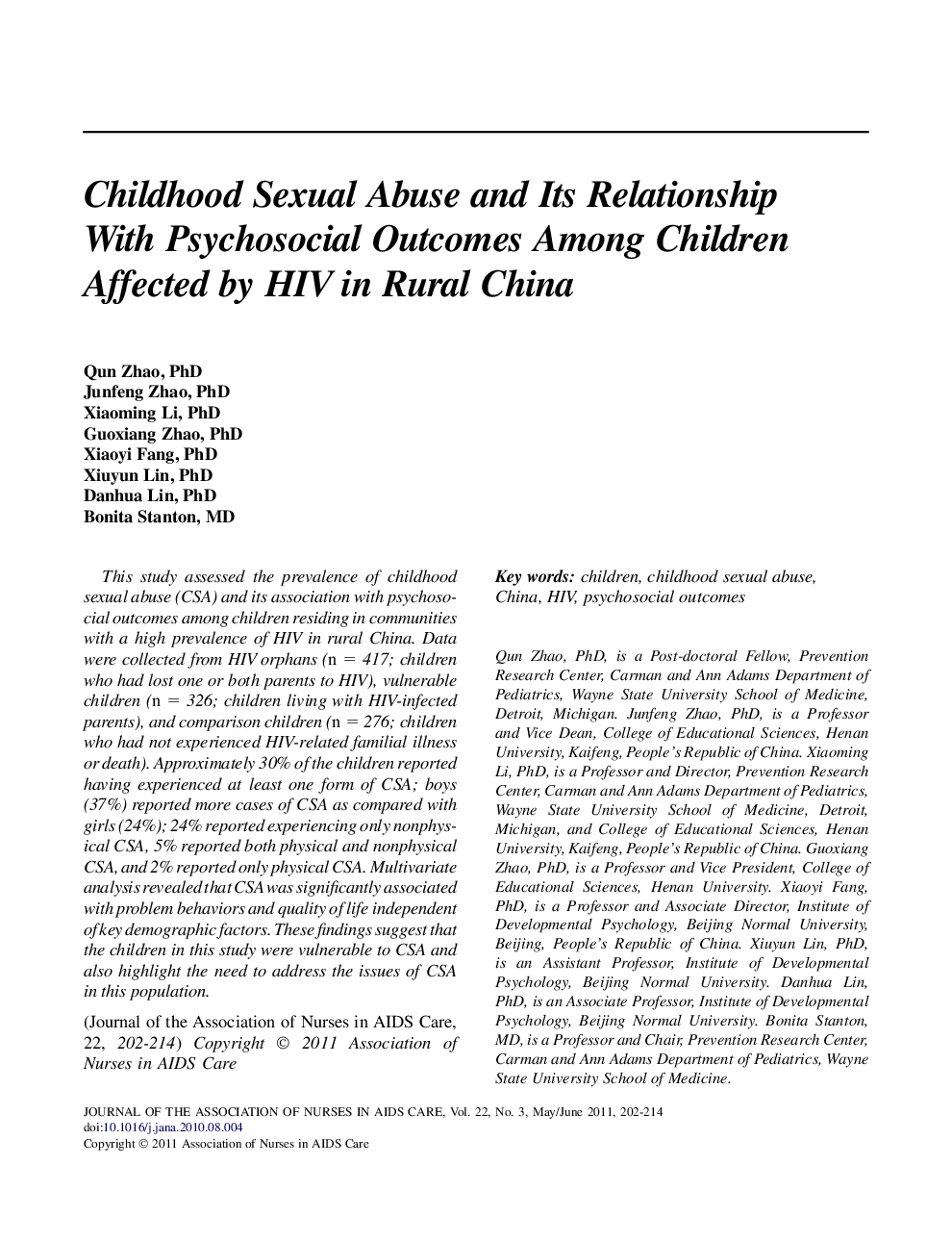 Childhood Sexual Abuse and Its Relationship With Psychosocial Outcomes Among Children Affected by HIV in Rural China