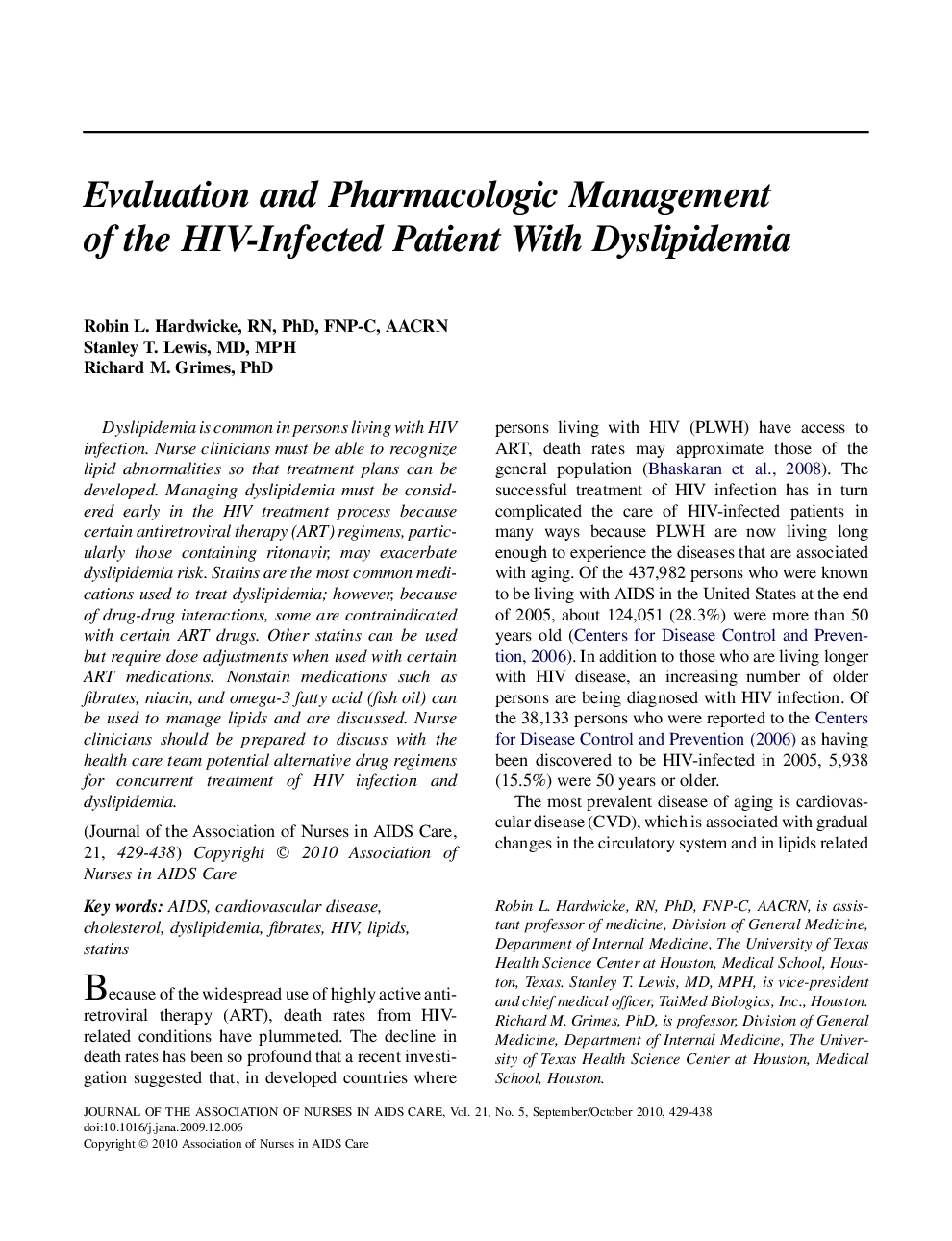 Evaluation and Pharmacologic Management of the HIV-Infected Patient With Dyslipidemia