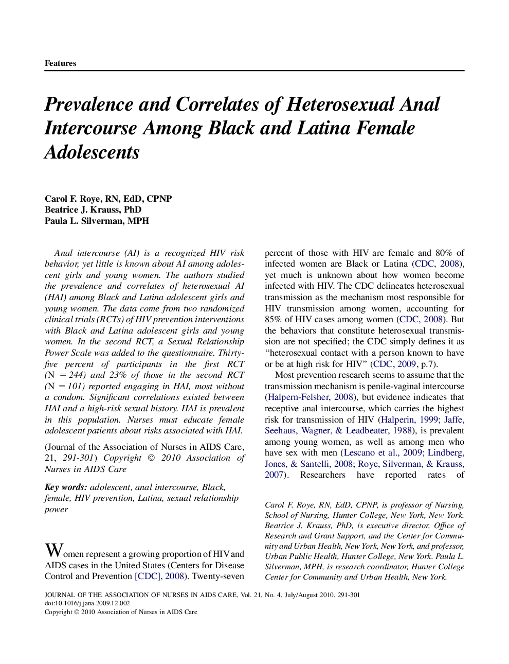 Prevalence and Correlates of Heterosexual Anal Intercourse Among Black and Latina Female Adolescents