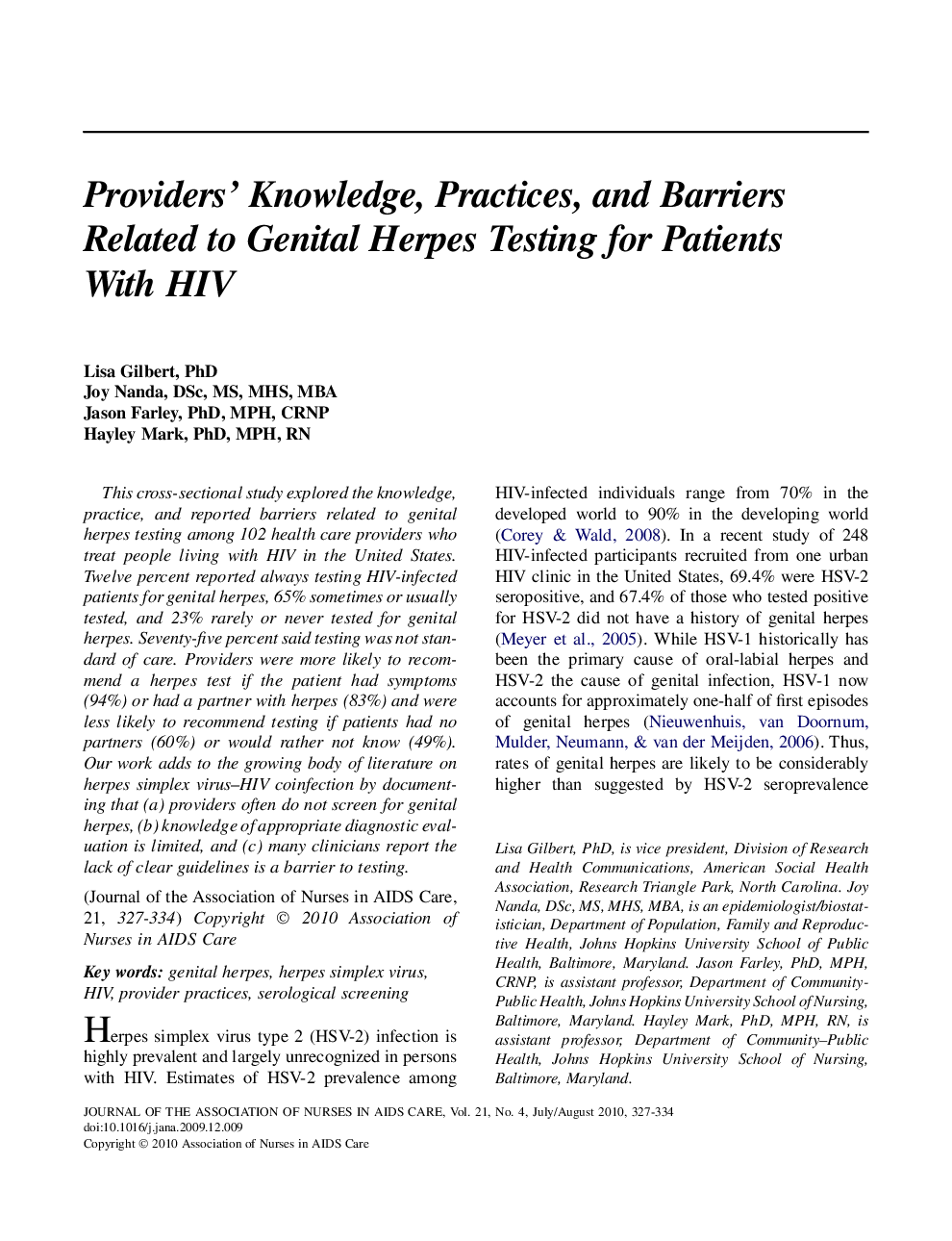 Providers' Knowledge, Practices, and Barriers Related to Genital Herpes Testing for Patients With HIV