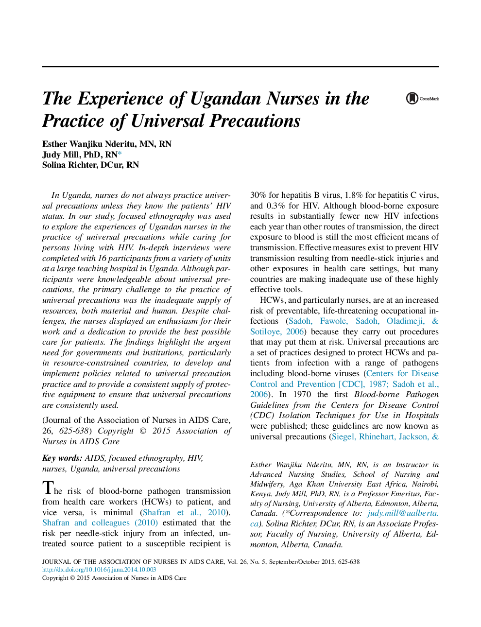 The Experience of Ugandan Nurses in the Practice of Universal Precautions