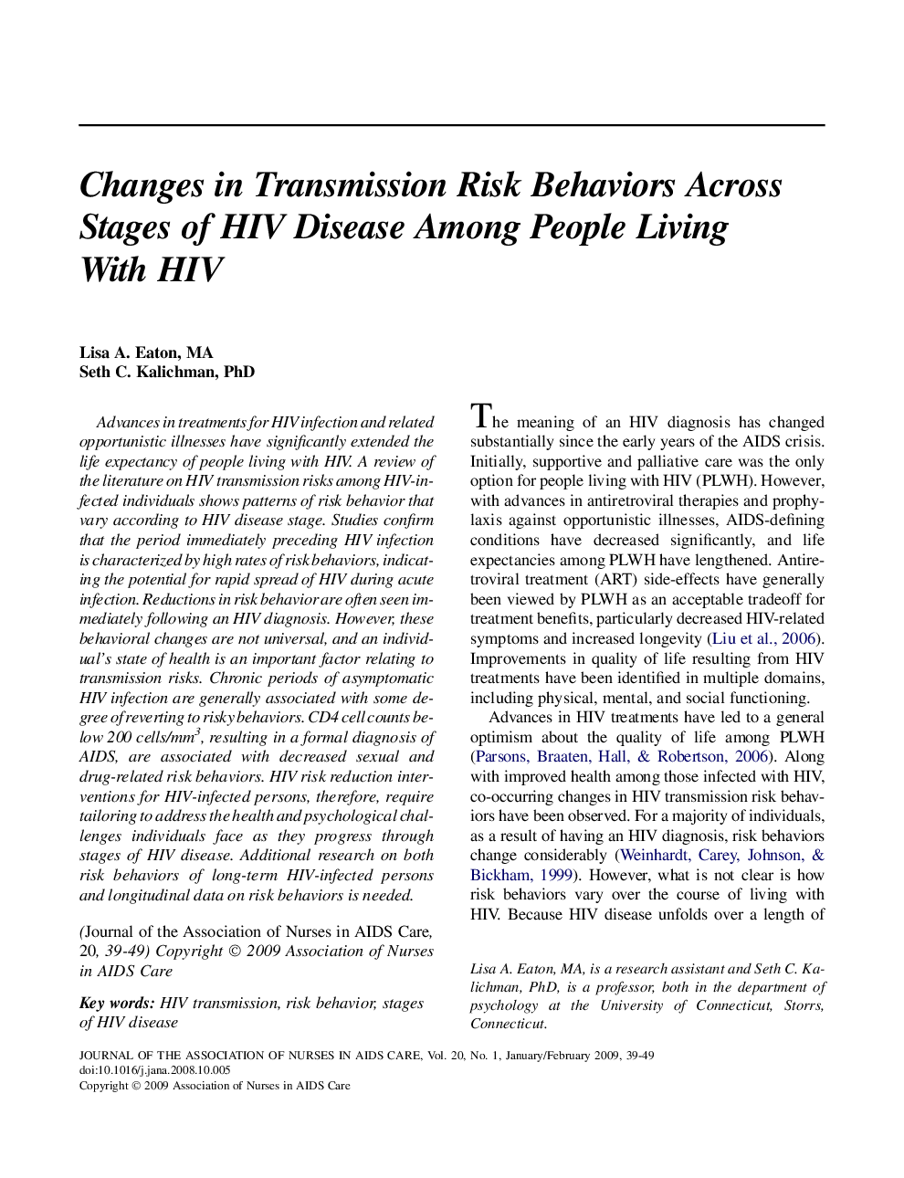 Changes in Transmission Risk Behaviors Across Stages of HIV Disease Among People Living With HIV