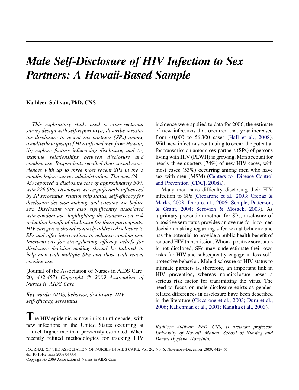 Male Self-Disclosure of HIV Infection to Sex Partners: A Hawaii-Based Sample