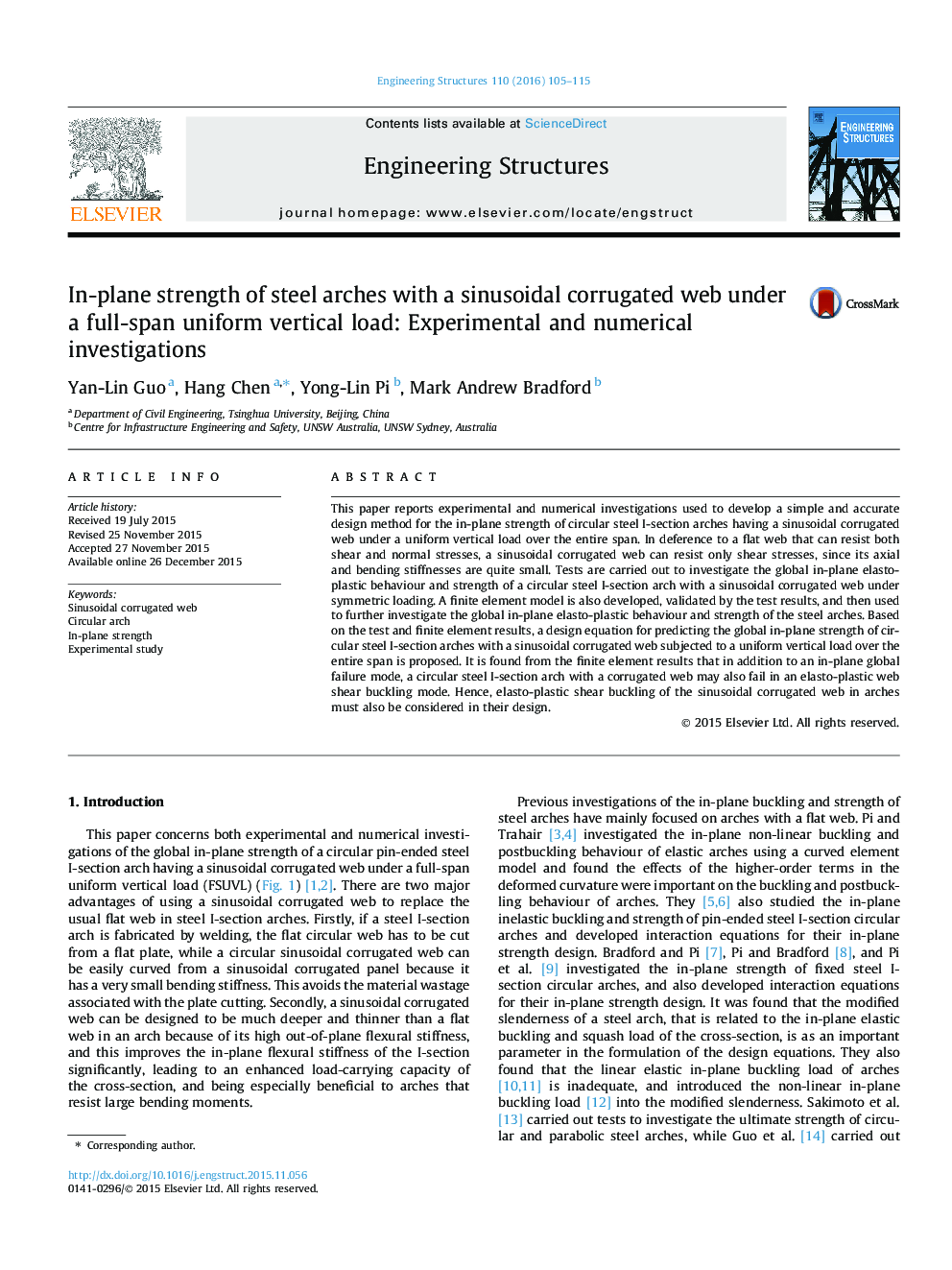 In-plane strength of steel arches with a sinusoidal corrugated web under a full-span uniform vertical load: Experimental and numerical investigations