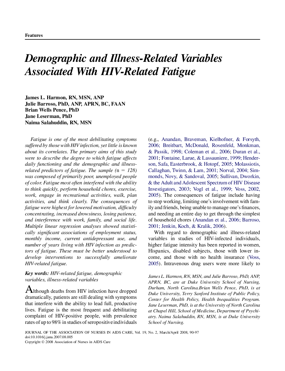 Demographic and Illness-Related Variables Associated With HIV-Related Fatigue