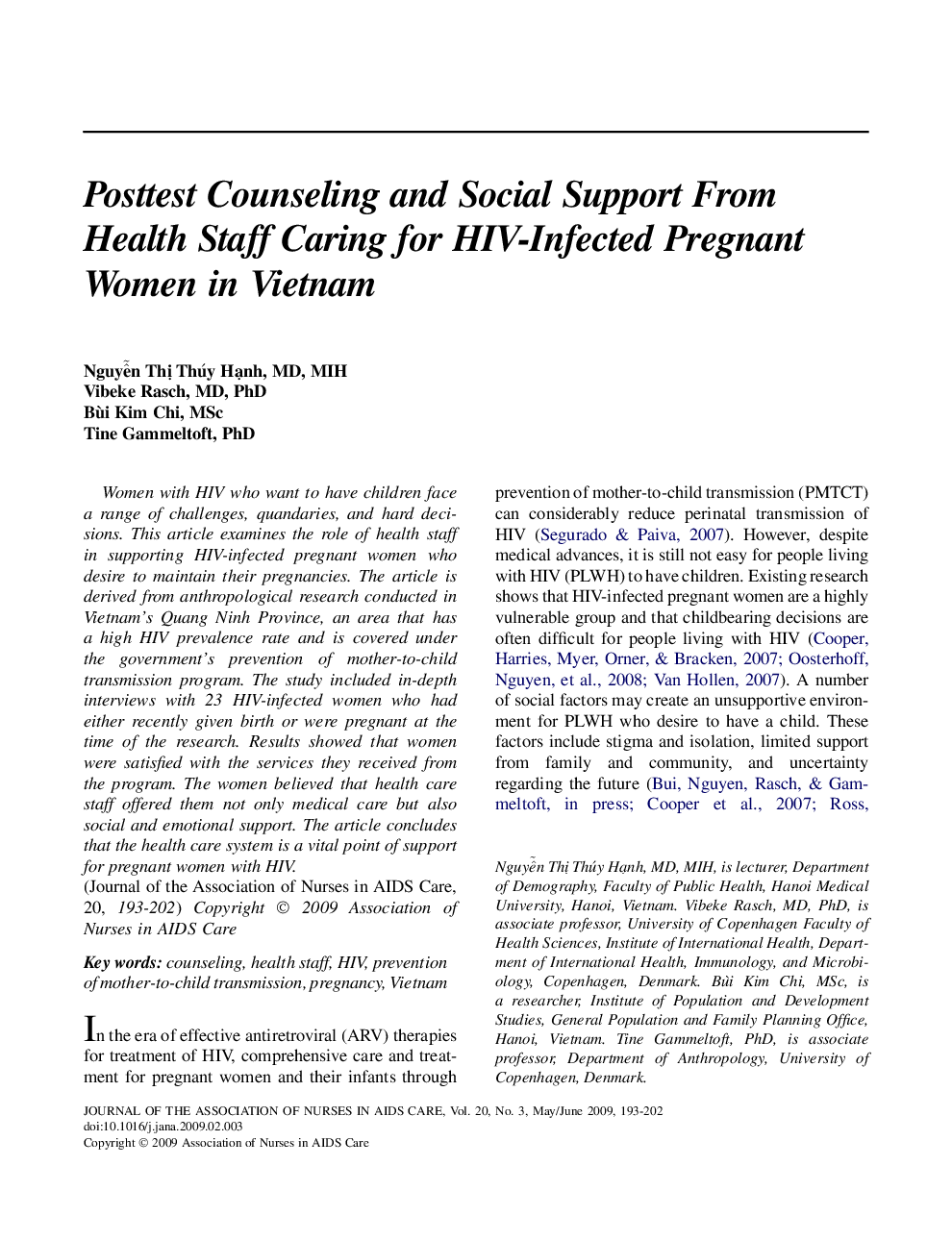 Posttest Counseling and Social Support From Health Staff Caring for HIV-Infected Pregnant Women in Vietnam