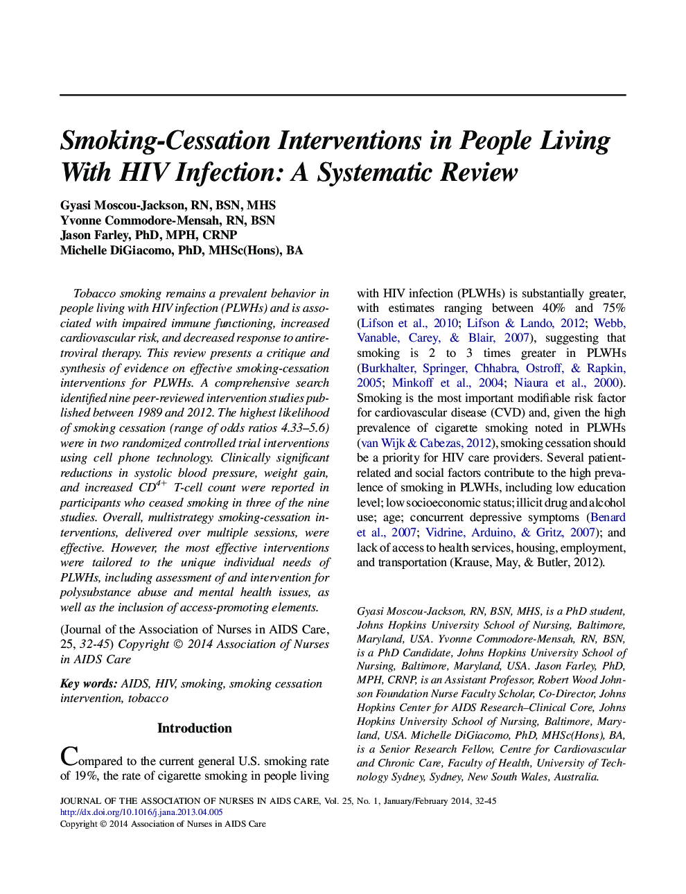 Smoking-Cessation Interventions in People Living With HIV Infection: A Systematic Review