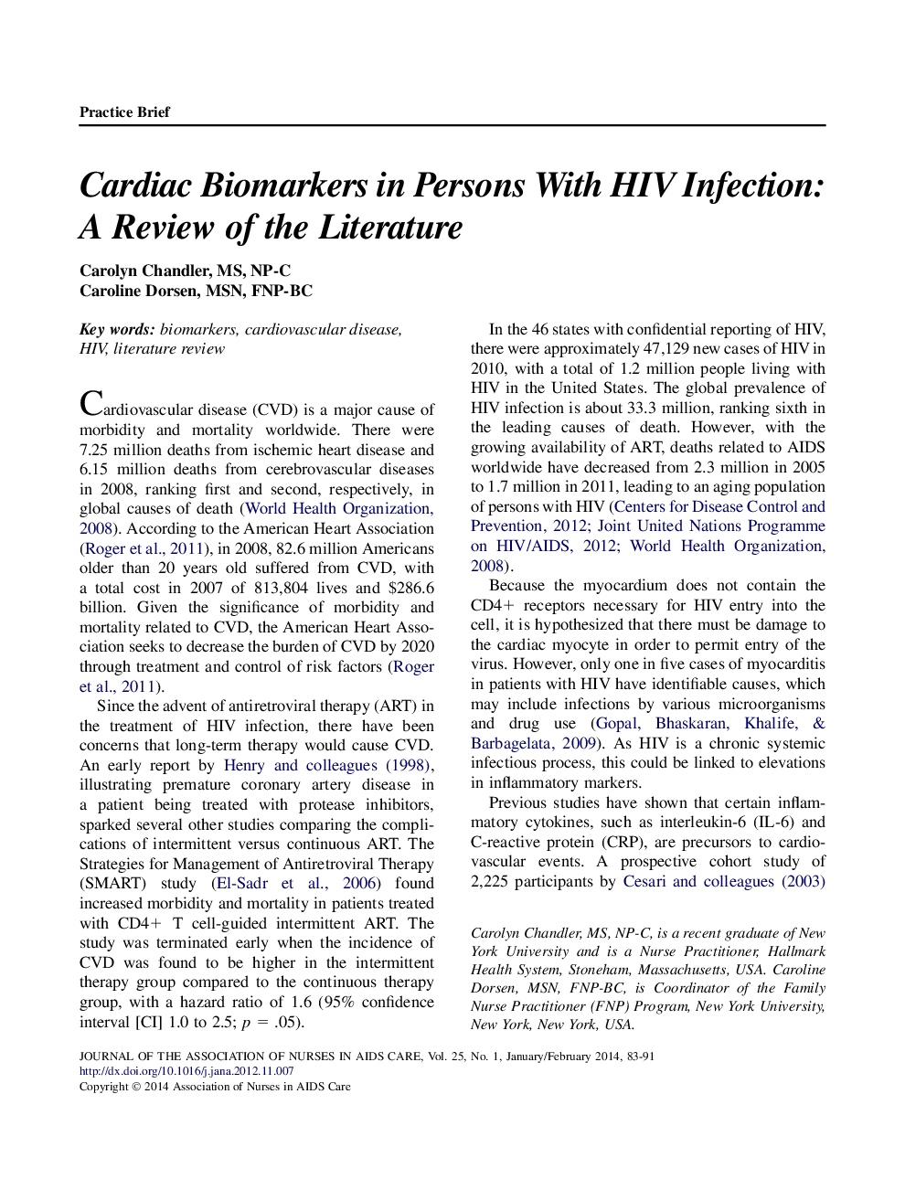 Cardiac Biomarkers in Persons With HIV Infection: A Review of the Literature