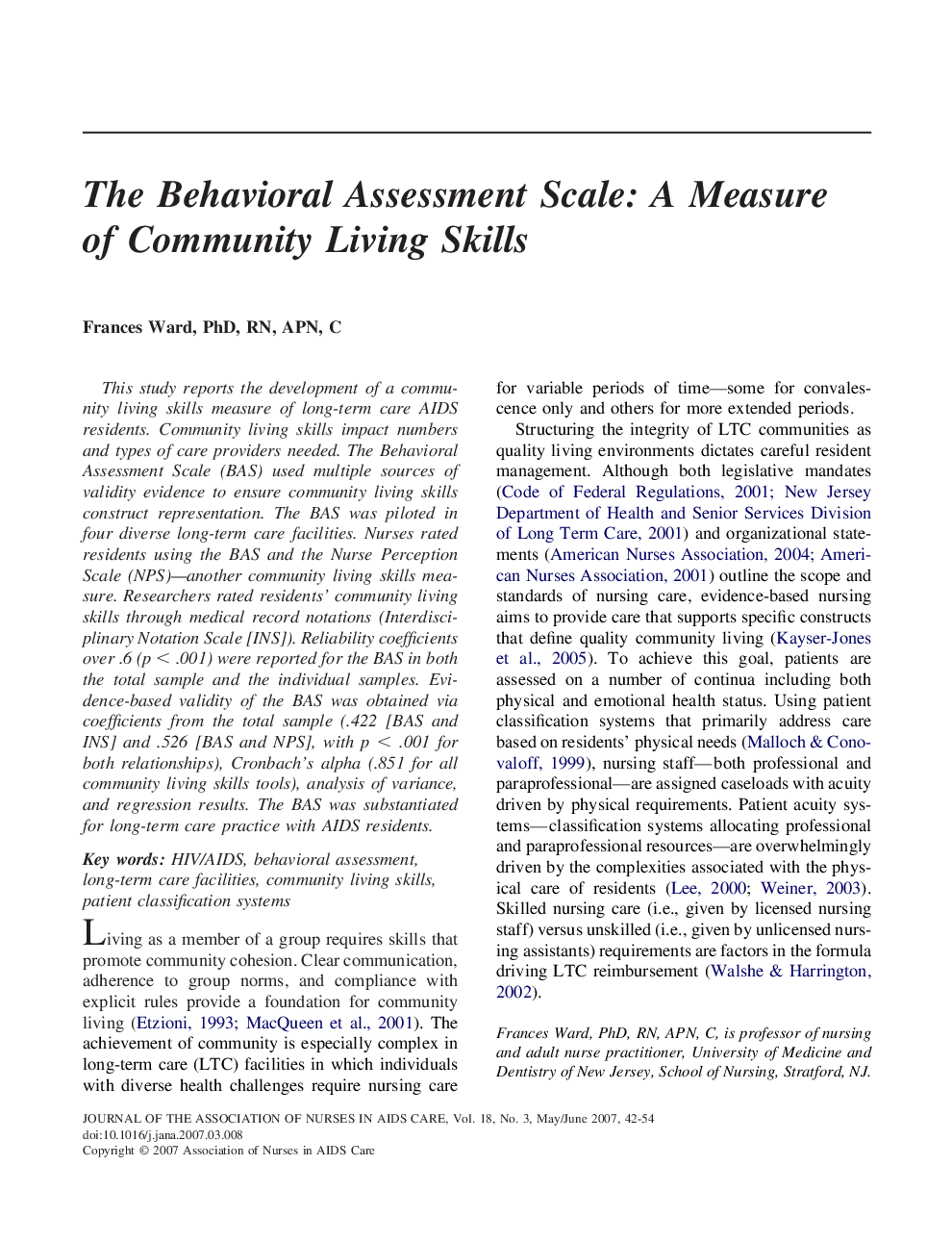 The Behavioral Assessment Scale: A Measure of Community Living Skills