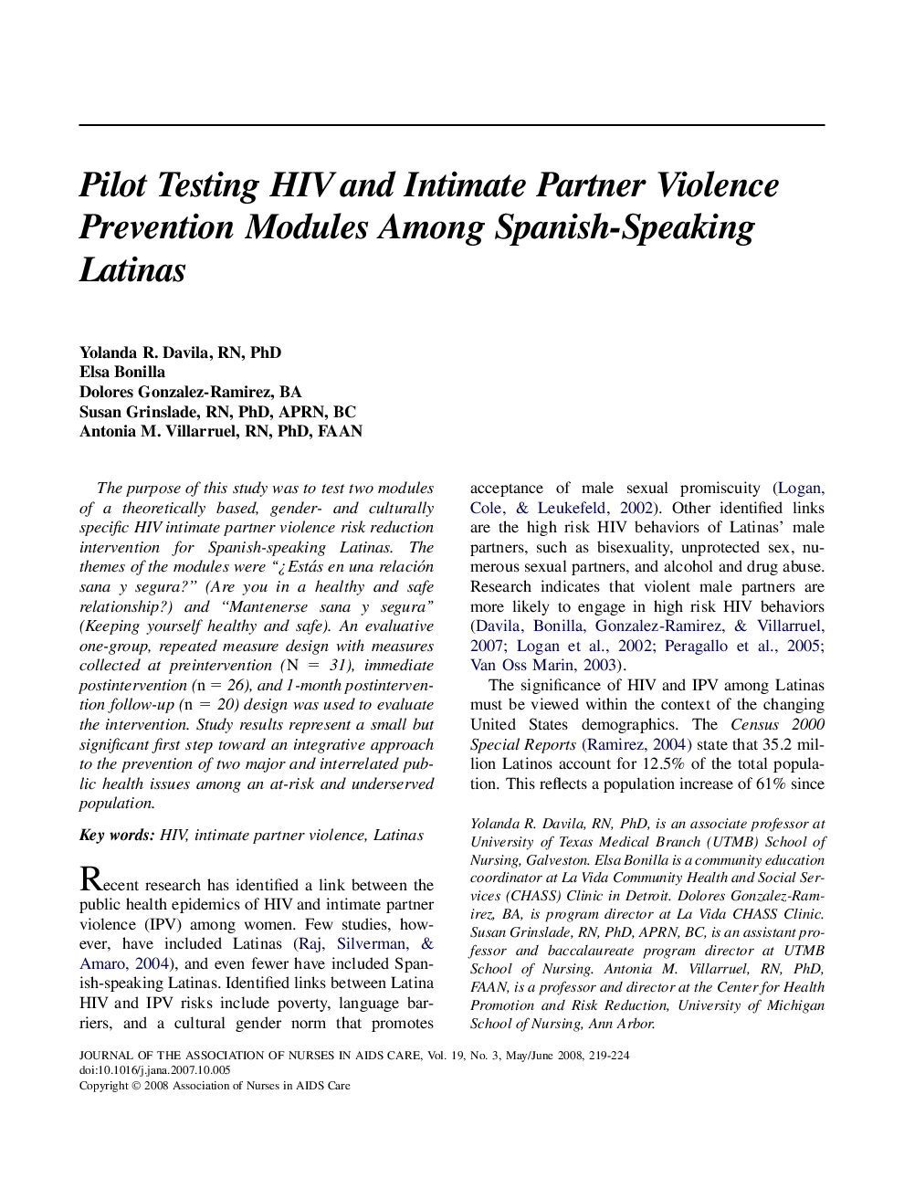 Pilot Testing HIV and Intimate Partner Violence Prevention Modules Among Spanish-Speaking Latinas