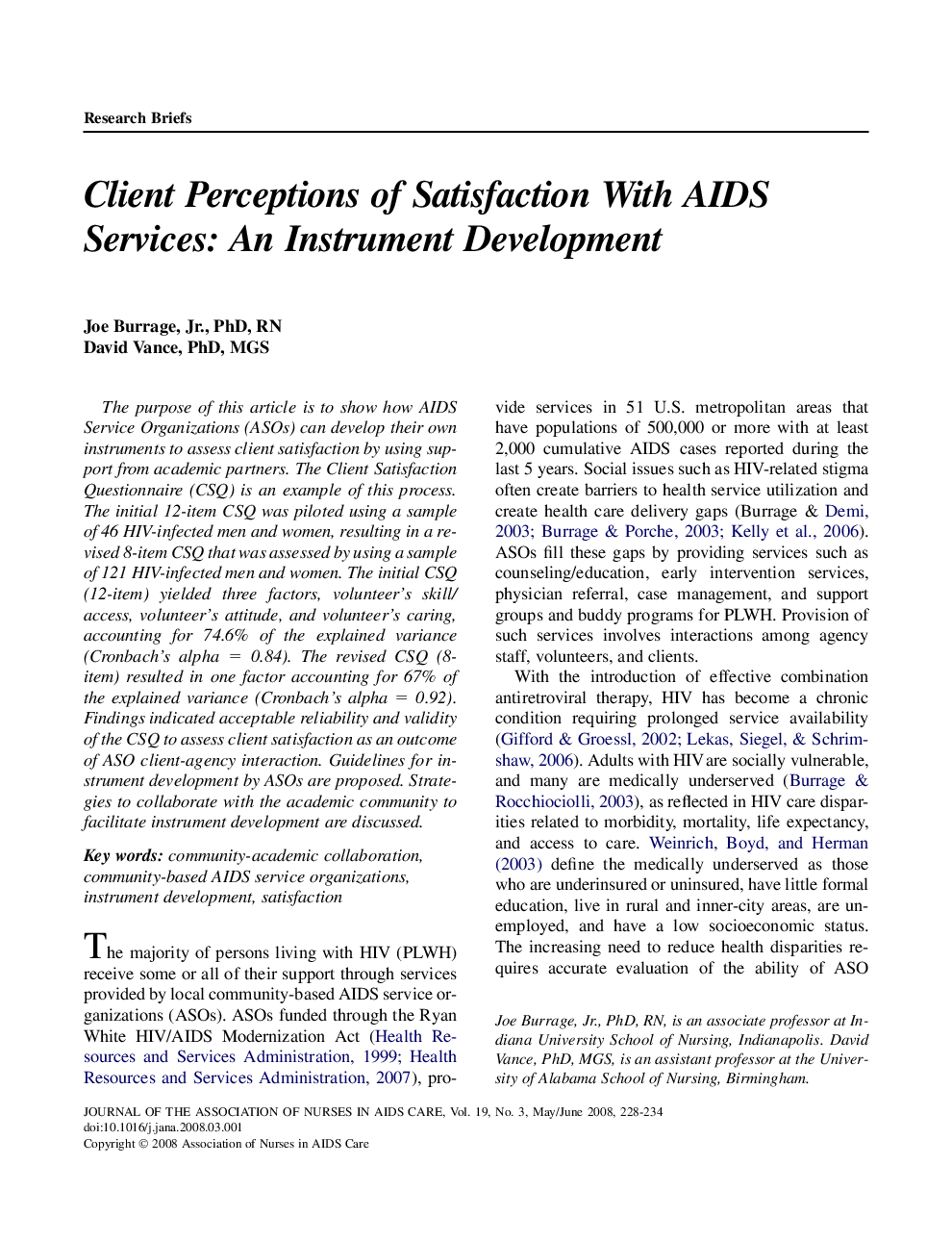 Client Perceptions of Satisfaction With AIDS Services: An Instrument Development