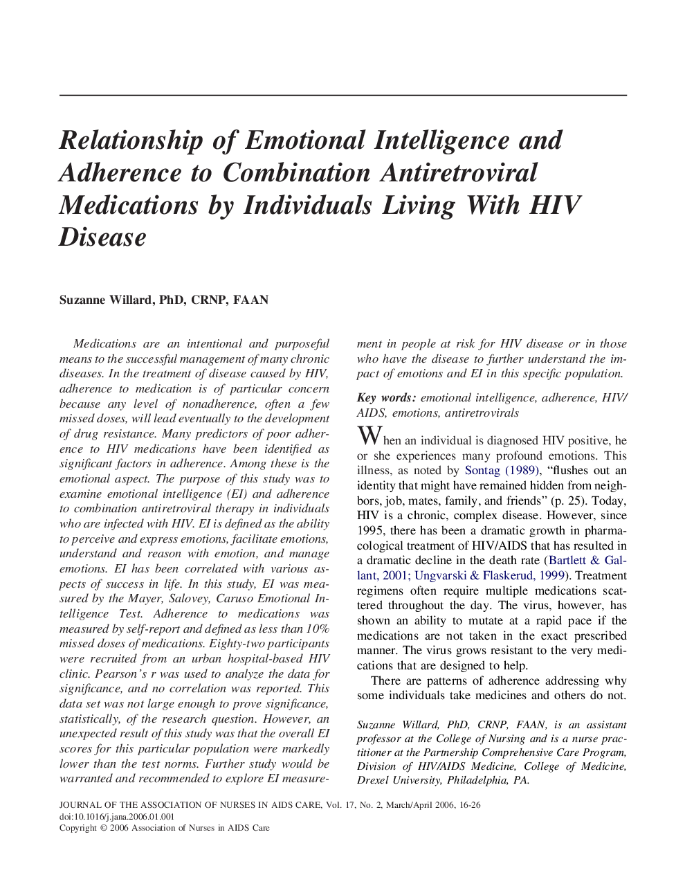 Relationship of Emotional Intelligence and Adherence to Combination Antiretroviral Medications by Individuals Living With HIV Disease