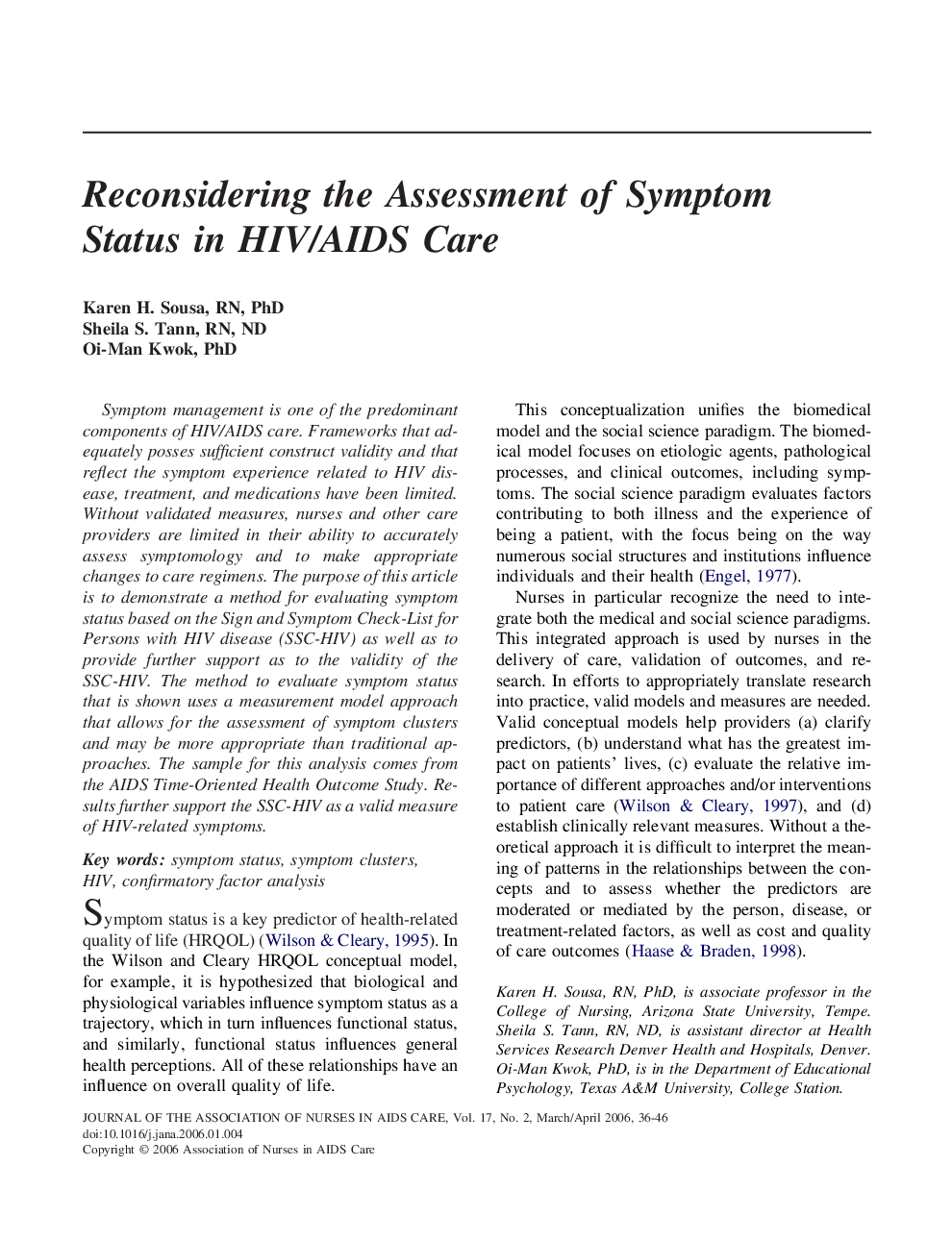 Reconsidering the Assessment of Symptom Status in HIV/AIDS Care