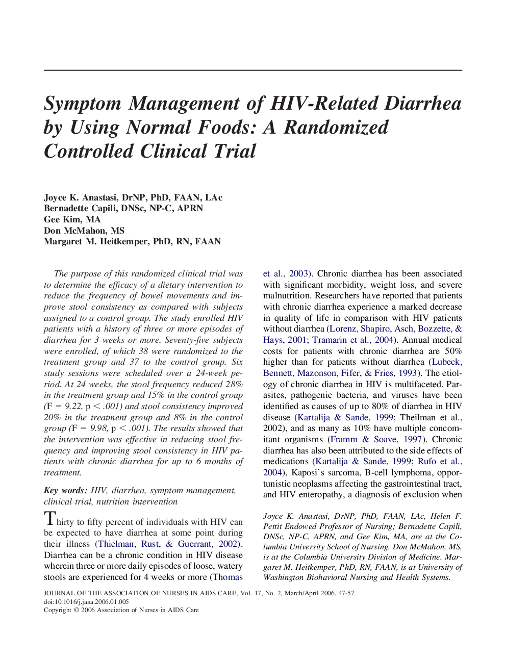 Symptom Management of HIV-Related Diarrhea by Using Normal Foods: A Randomized Controlled Clinical Trial