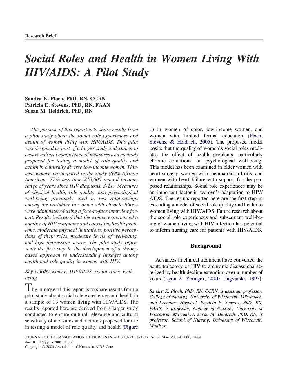 Social Roles and Health in Women Living With HIV/AIDS: A Pilot Study