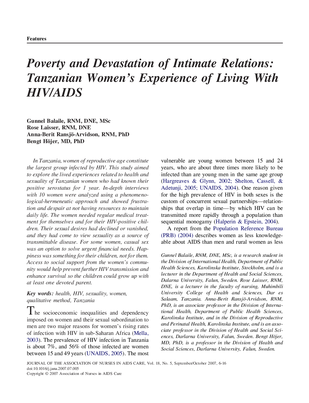 Poverty and Devastation of Intimate Relations: Tanzanian Women’s Experience of Living With HIV/AIDS