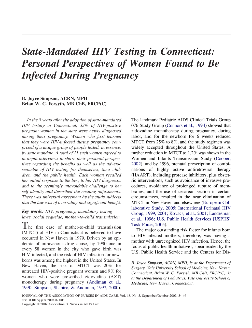 State-Mandated HIV Testing in Connecticut: Personal Perspectives of Women Found to Be Infected During Pregnancy