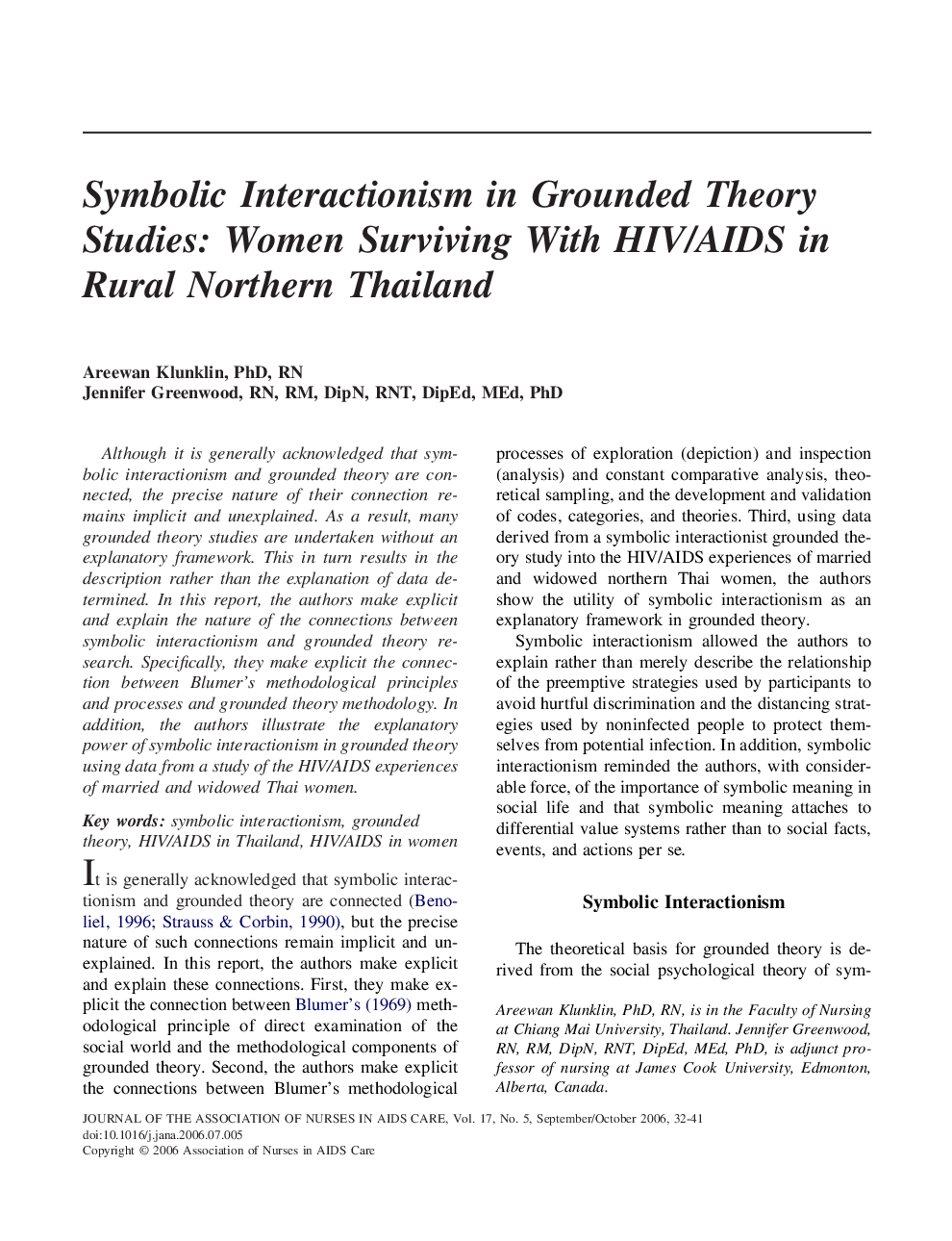 Symbolic Interactionism in Grounded Theory Studies: Women Surviving With HIV/AIDS in Rural Northern Thailand