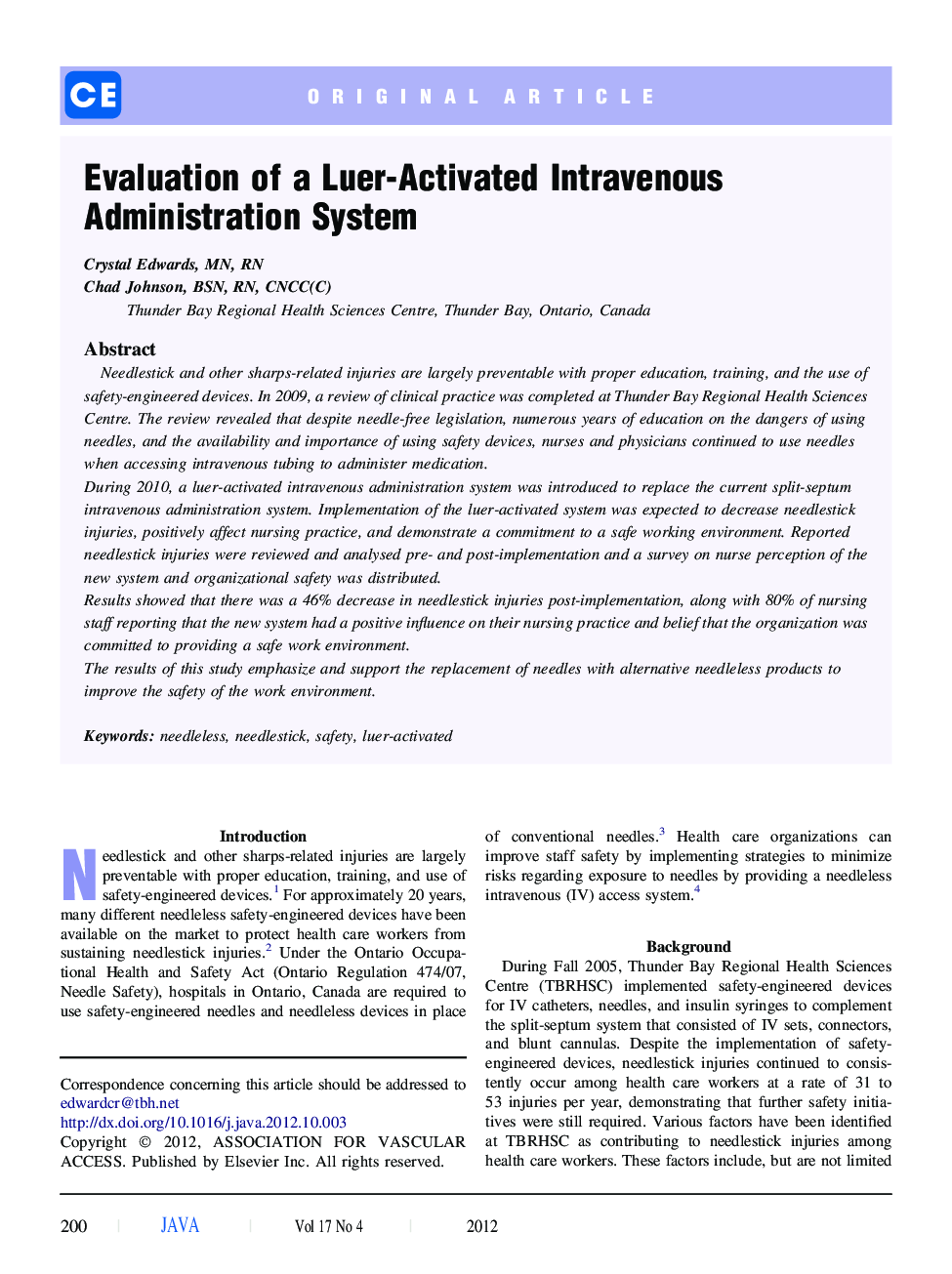 Evaluation of a Luer-Activated Intravenous Administration System
