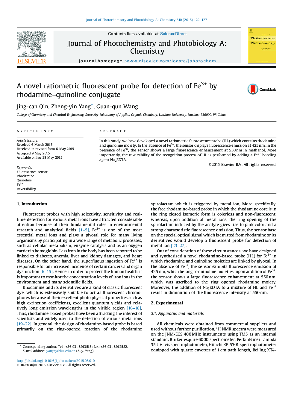 A novel ratiometric fluorescent probe for detection of Fe3+ by rhodamine–quinoline conjugate