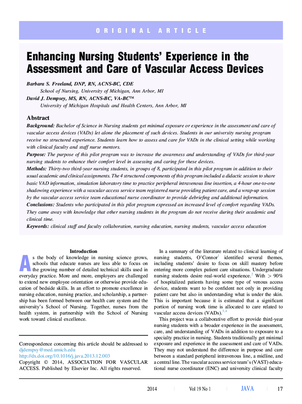 Enhancing Nursing Students' Experience in the Assessment and Care of Vascular Access Devices