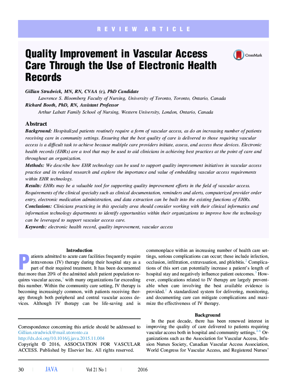 Quality Improvement in Vascular Access Care Through the Use of Electronic Health Records