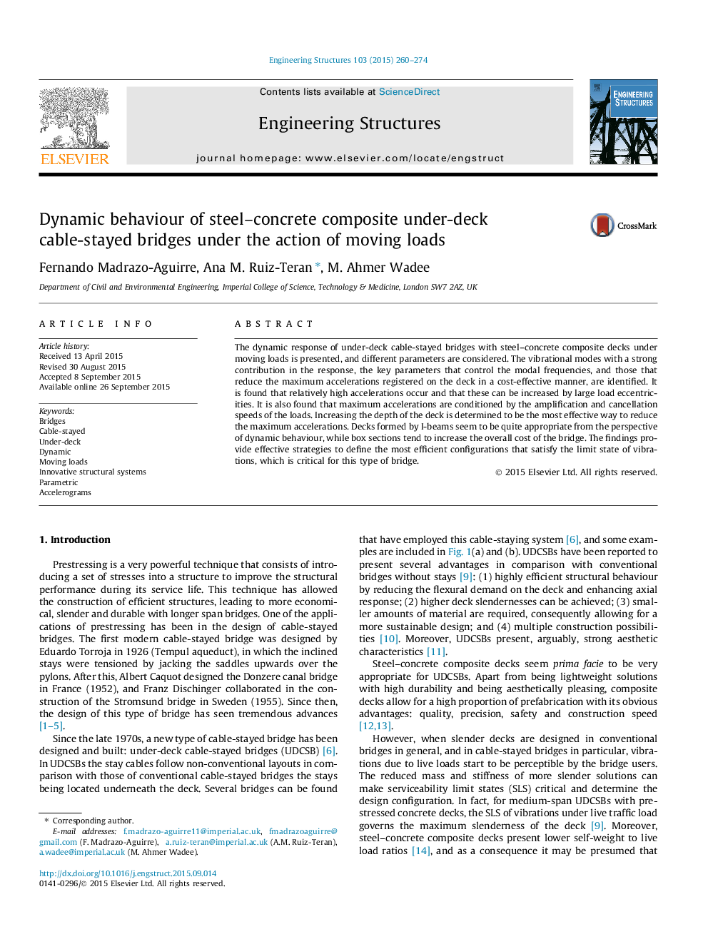 Dynamic behaviour of steel–concrete composite under-deck cable-stayed bridges under the action of moving loads