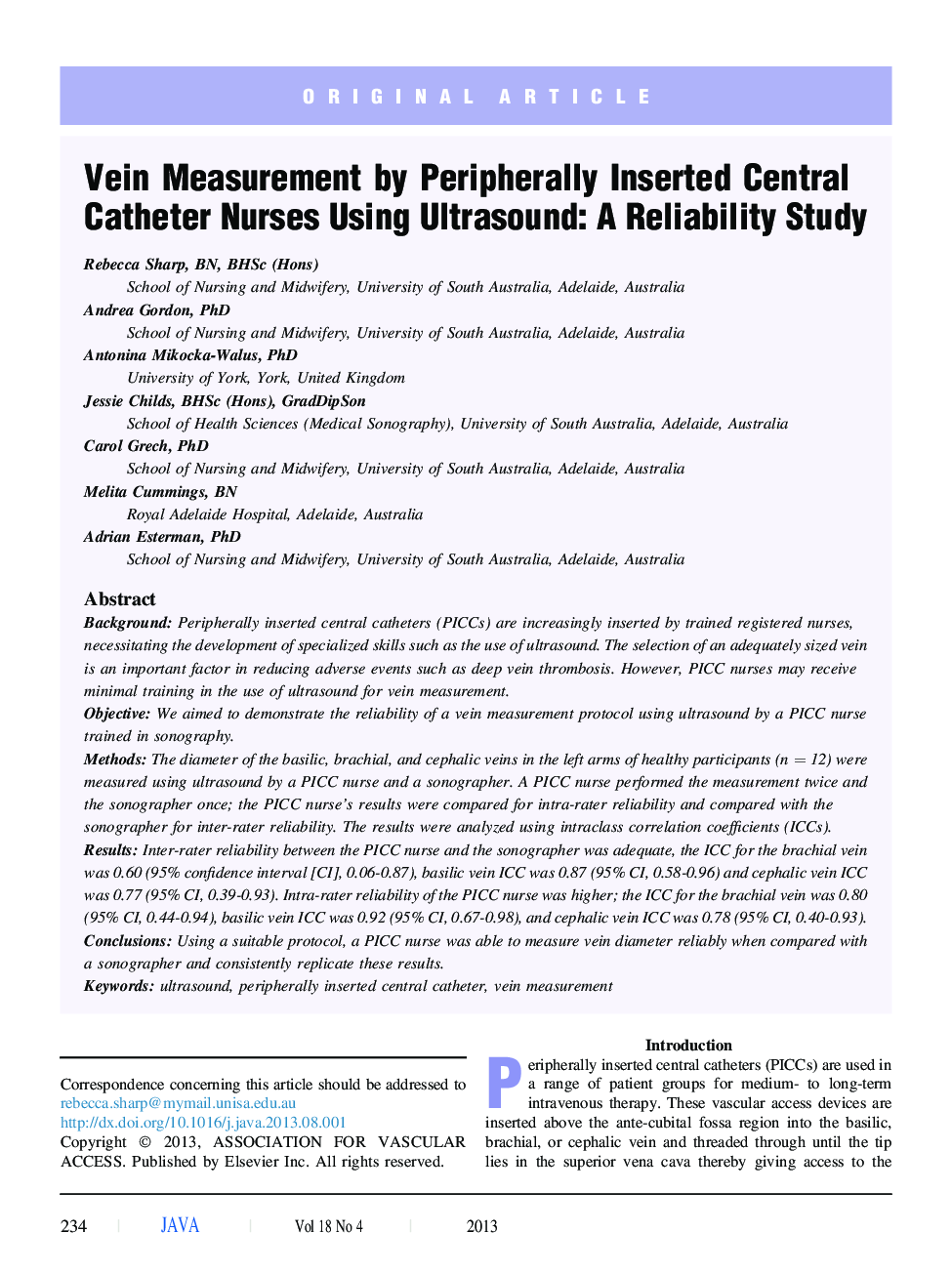 Vein Measurement by Peripherally Inserted Central Catheter Nurses Using Ultrasound: A Reliability Study