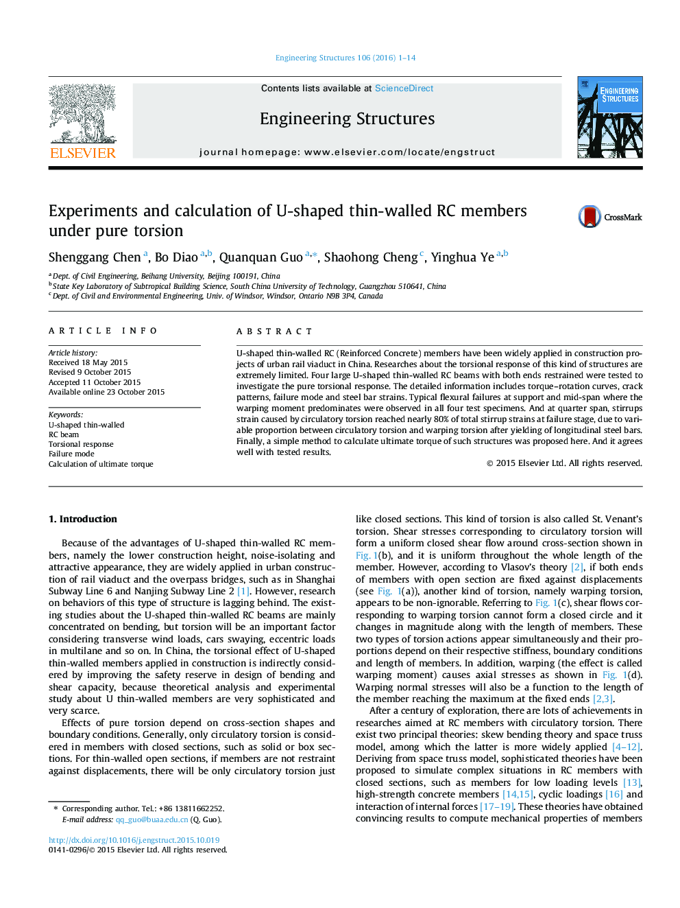 Experiments and calculation of U-shaped thin-walled RC members under pure torsion