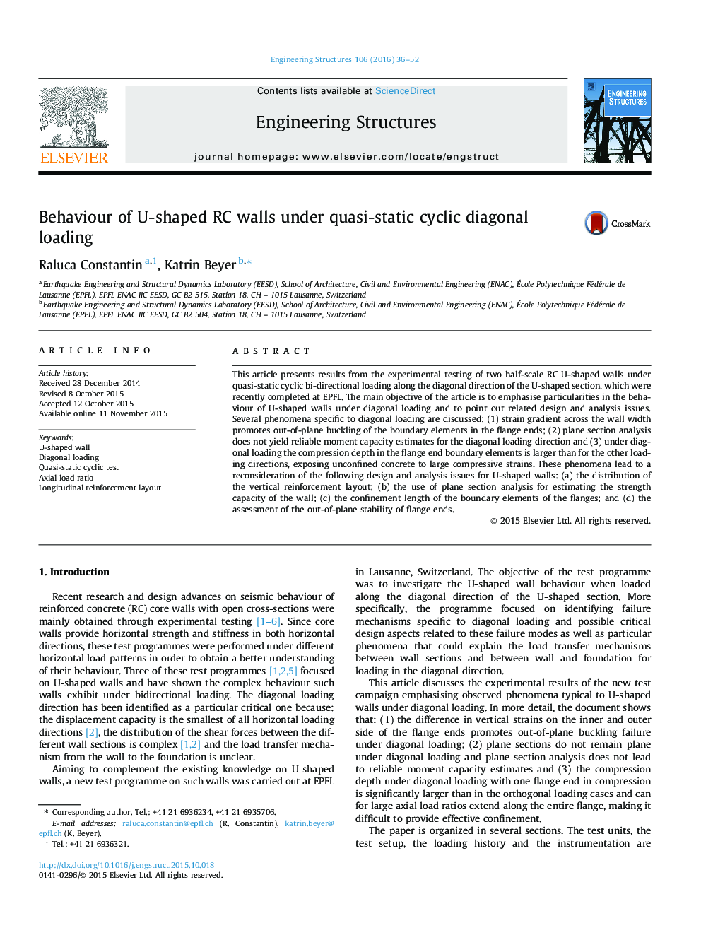 Behaviour of U-shaped RC walls under quasi-static cyclic diagonal loading