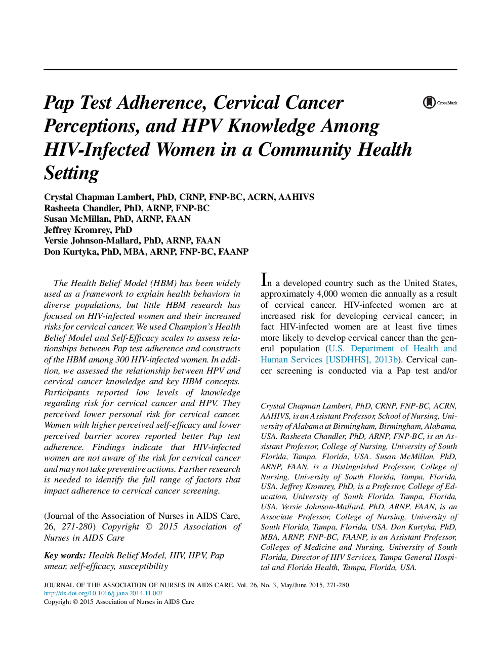 پایبندی به تست پاپ اسمیر، ادراک سرطان گردن رحم و دانش HPV در زنان آلوده به HIV در یک محیط بهداشت جامعه