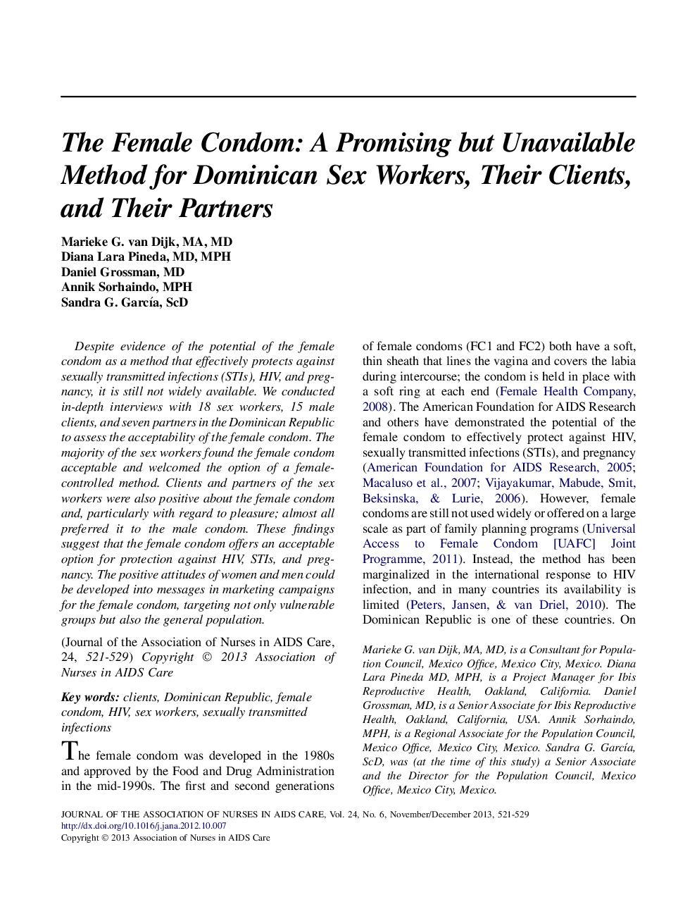 The Female Condom: A Promising but Unavailable Method for Dominican Sex Workers, Their Clients, and Their Partners