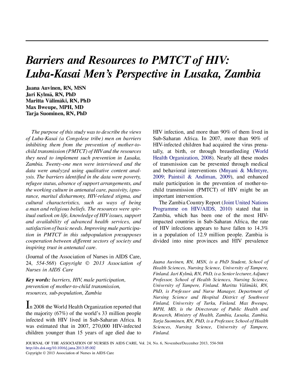 Barriers and Resources to PMTCT of HIV: Luba-Kasai Men's Perspective in Lusaka, Zambia